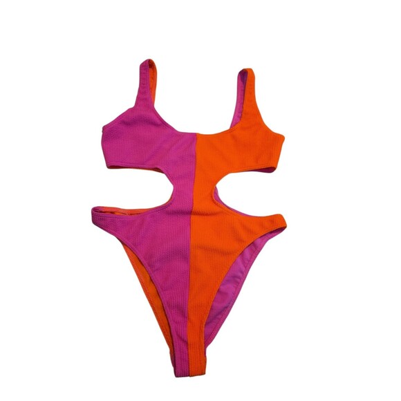 ASOS DESIGN crinkle spliced swimsuit in pink and orange Size 10 - Picture 1 of 3